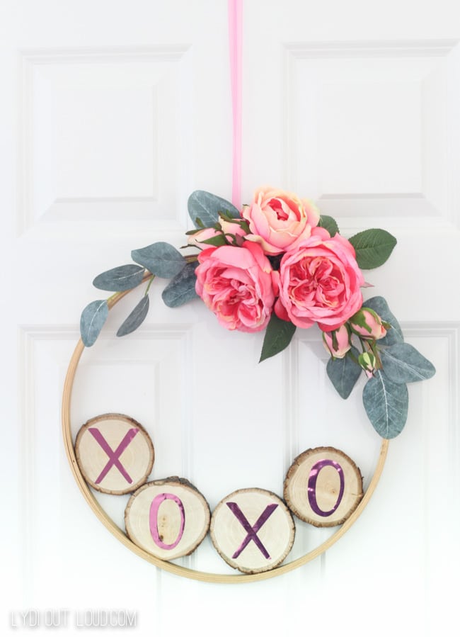 valentines day hoop wreath with wood slices  XOXO