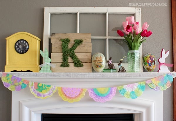 watercolor doily banner for easter on mantel