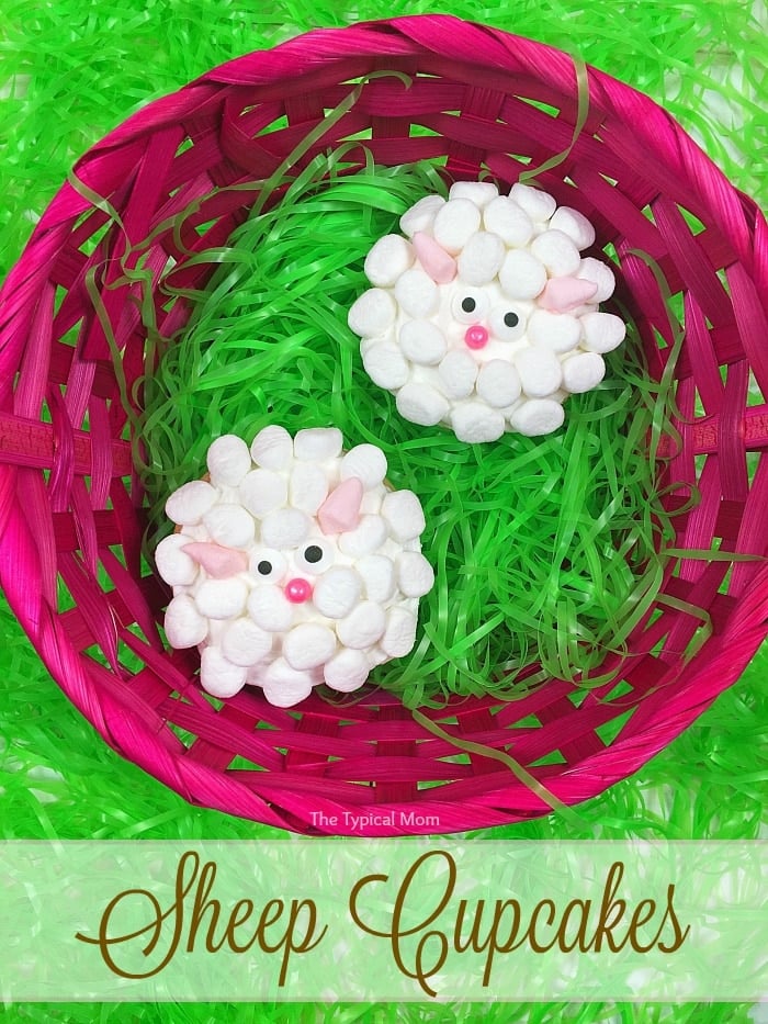 sheep shaped cupcakes made from marshmallows in an  easter basket