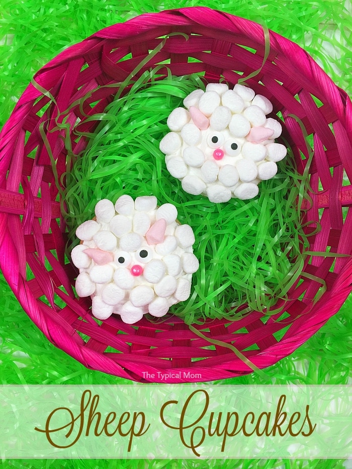 sheep shaped cupcakes made from marshmallows in an  easter basket