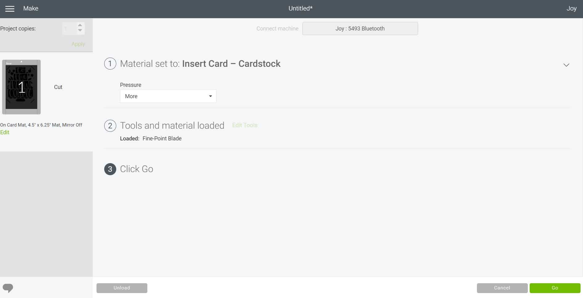 clicking go in cricut design sapce