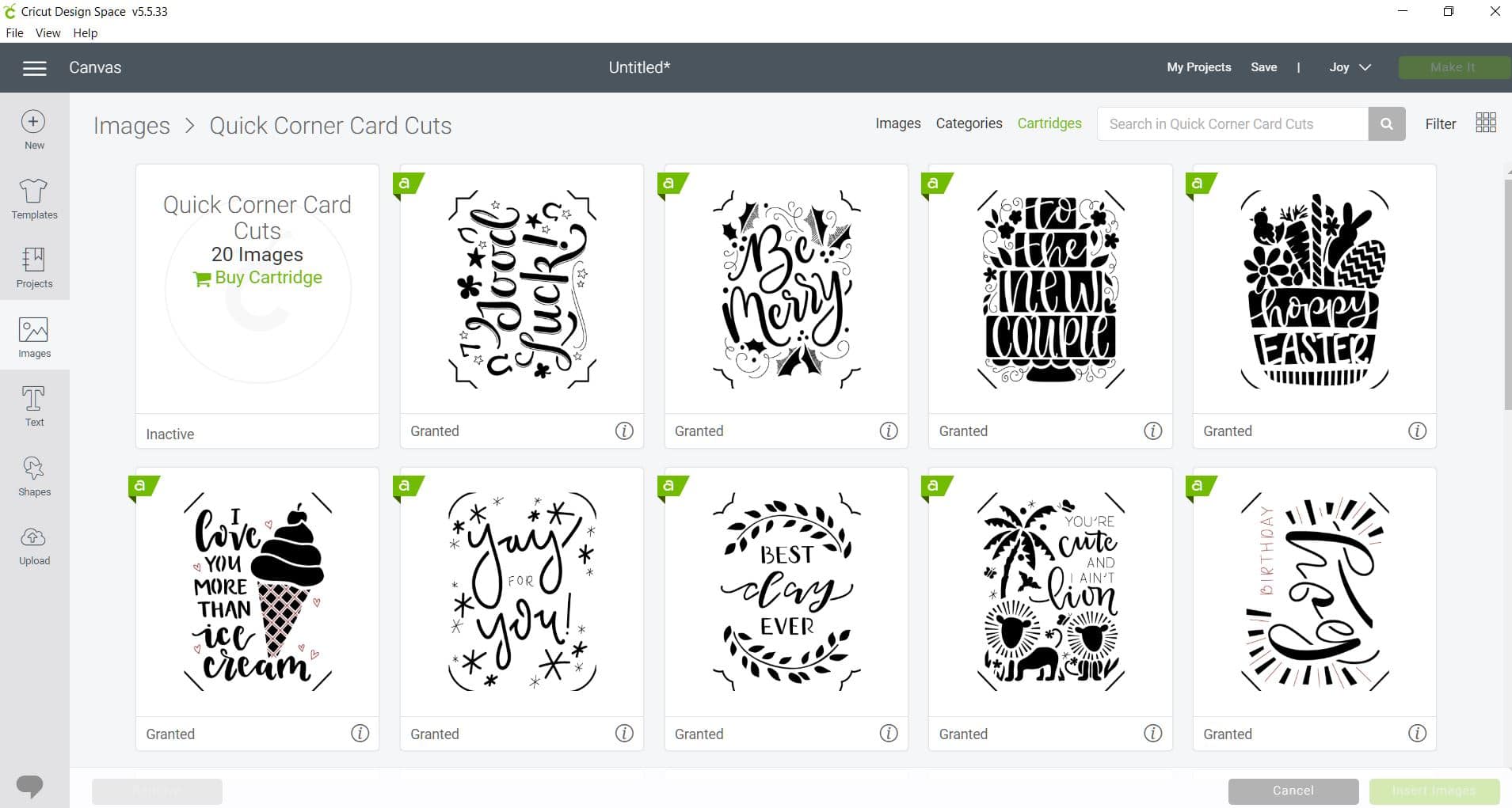 card svg files selection in cricut design space