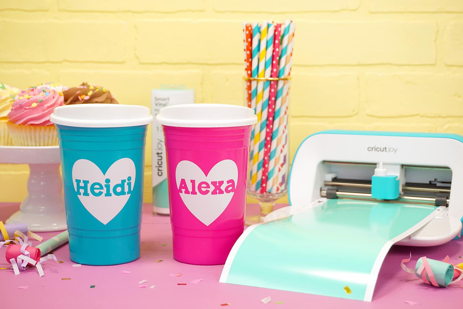cricut joy with personalized party cups and supplies