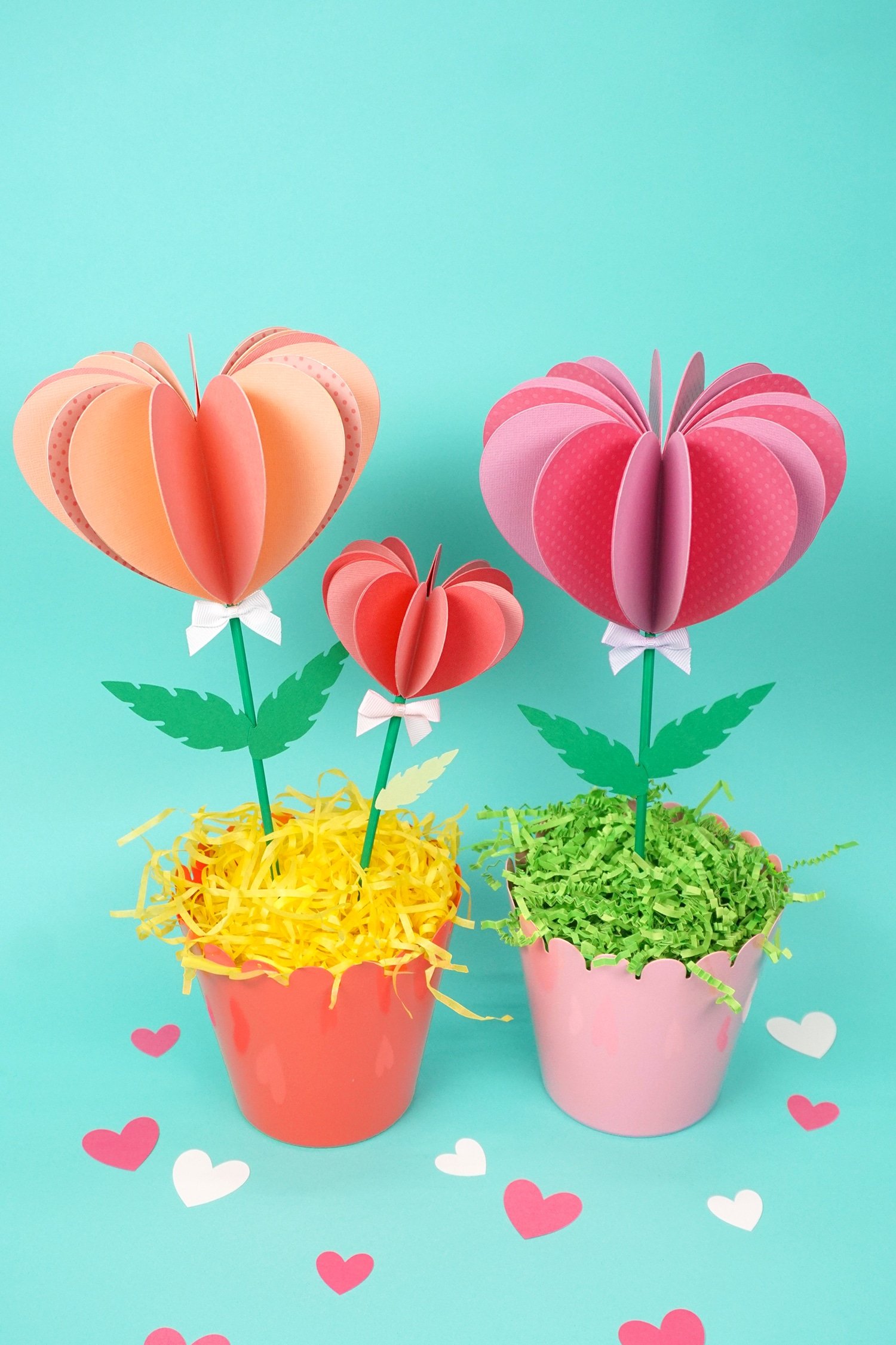 paper heart flowers in pots with crinkle paper filling