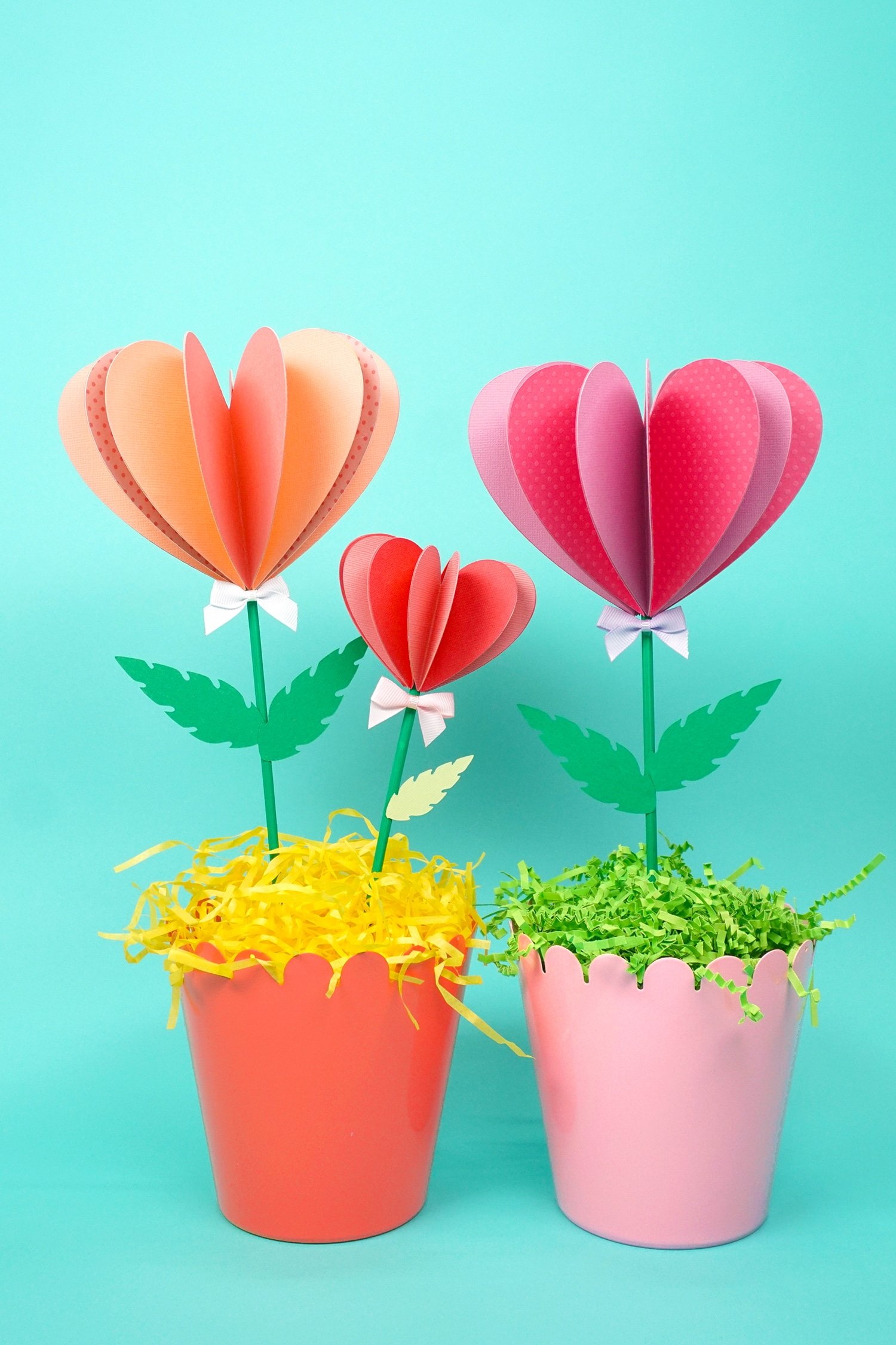 paper heart flowers in pots with crinkle paper filling