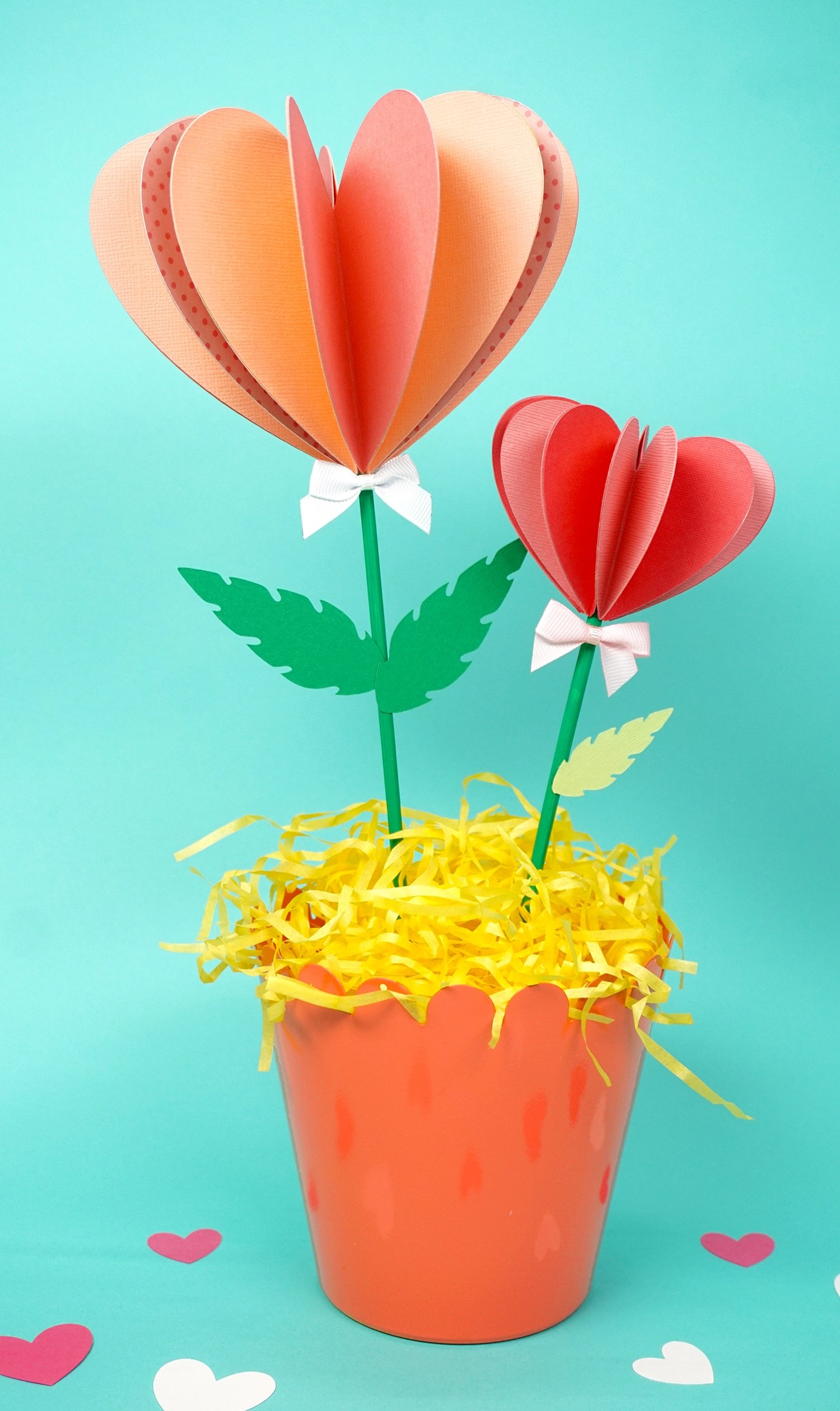 paper heart flowers in pots with crinkle paper filling