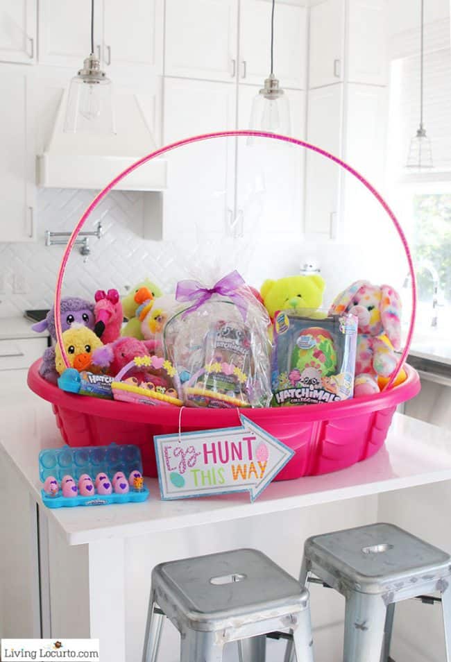 giant easter basket made from hula hoop and small swimming pool