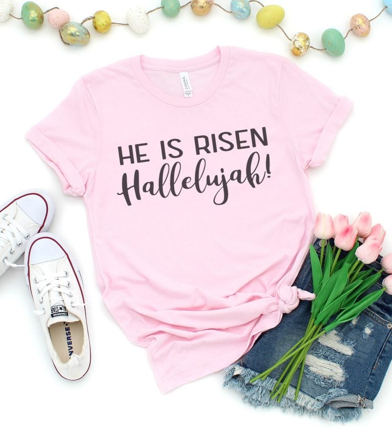 he is risen hallelujah! svg file on shirt with easter accessories