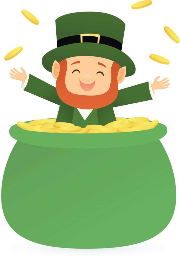 leprechaun smiling jumping from pot of gold