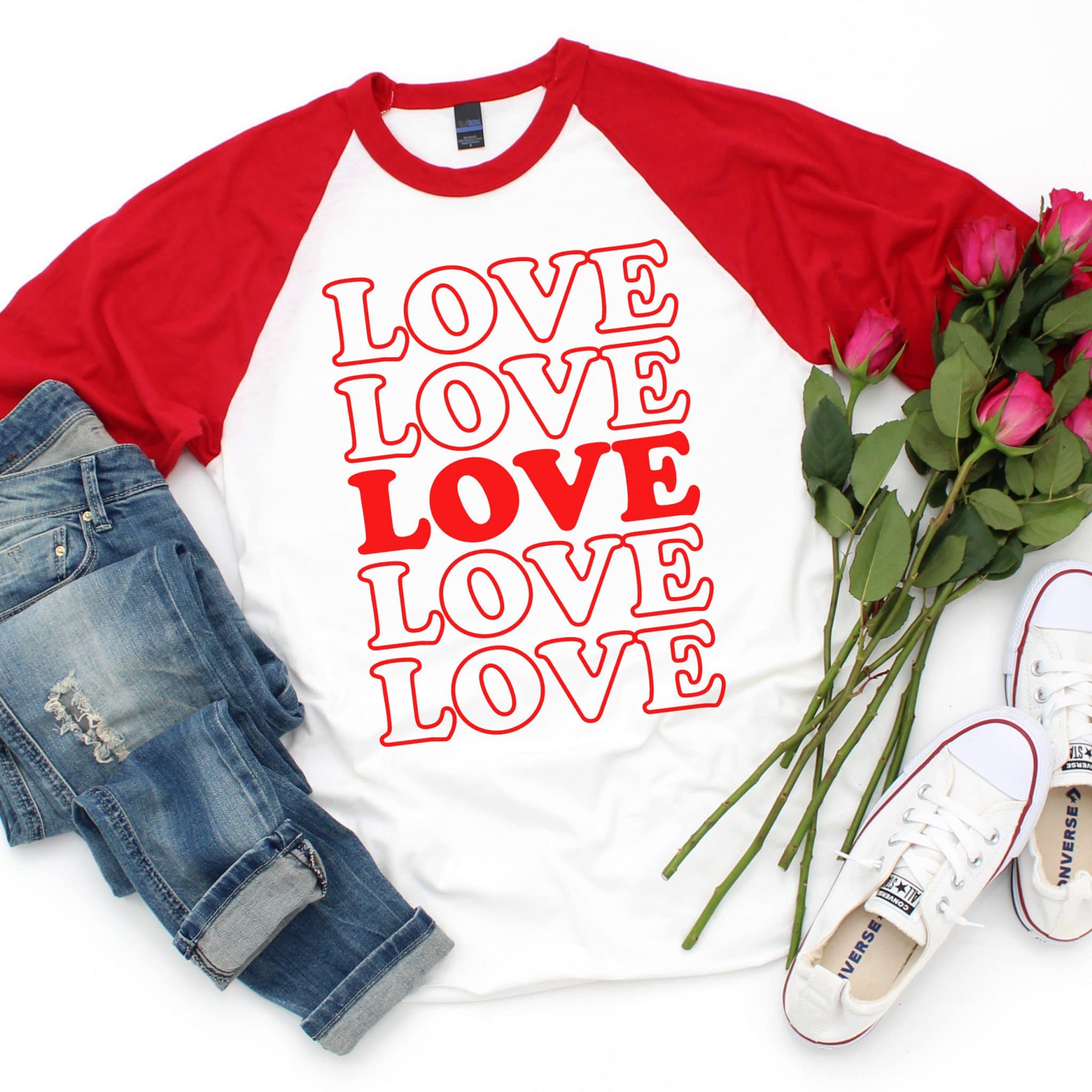 LOVE svg file on red and white baseball tee with accessories