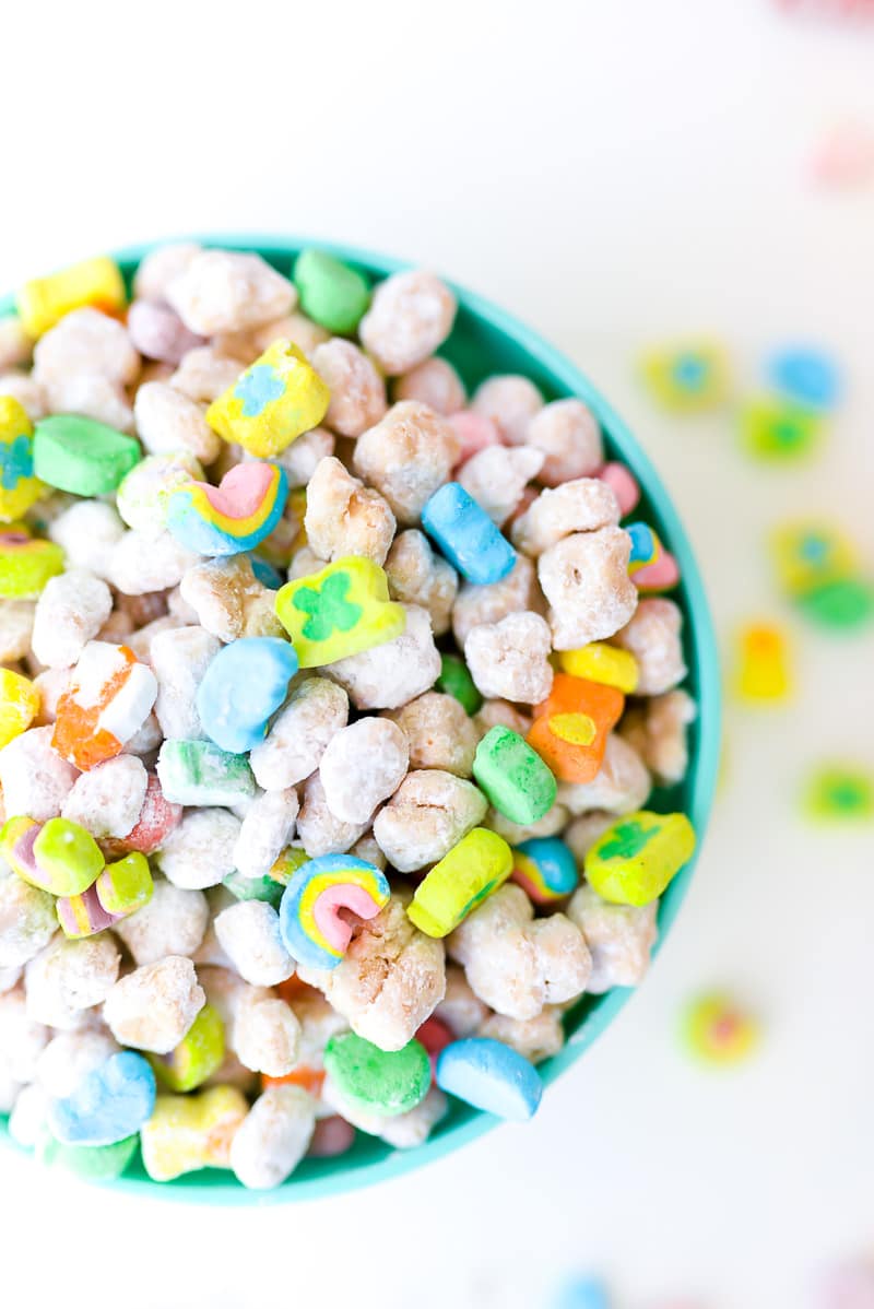 Lucky Charms Muddy Buddies Mix with Marshmallows in bowl