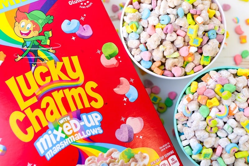 Lucky Charms Muddy Buddies Mix with Marshmallows with cereal box