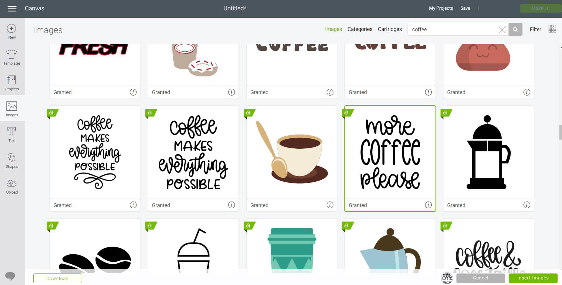 coffee svg file selection in cricut design space