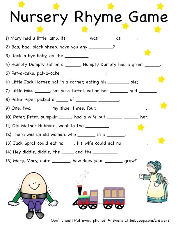 Free printable nursery rhyme baby shower game