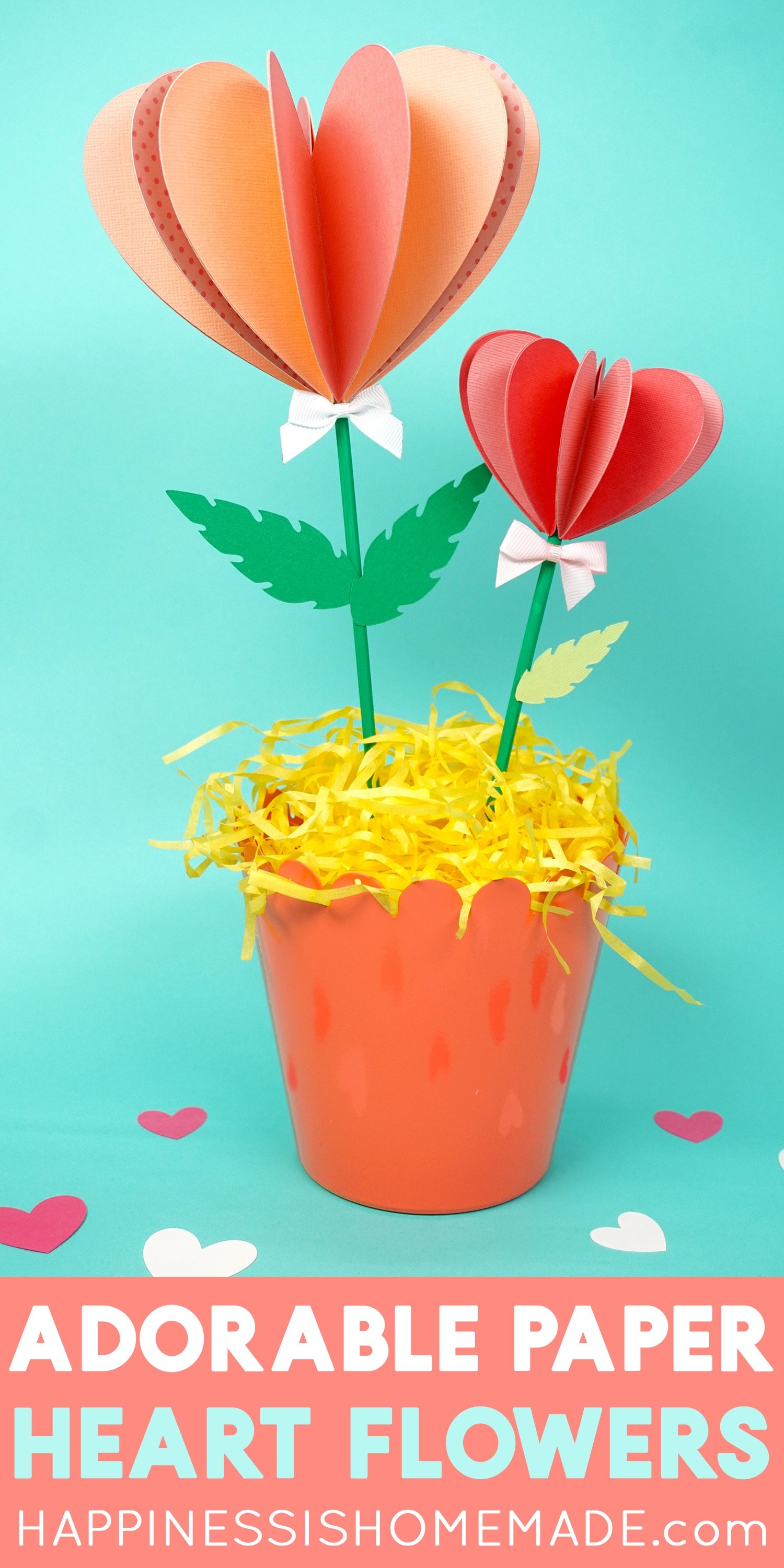 paper heart flowers in pots with crinkle paper filling