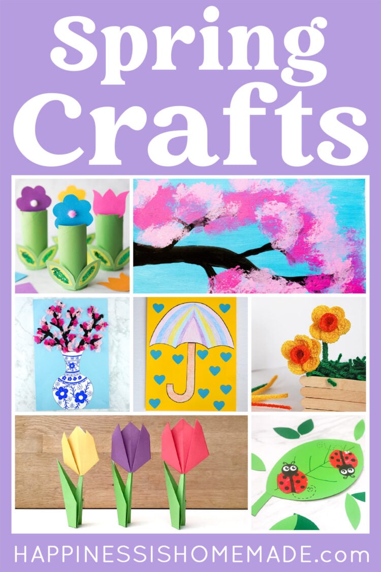 "Spring Crafts" graphic with collage of spring craft ideas for kids