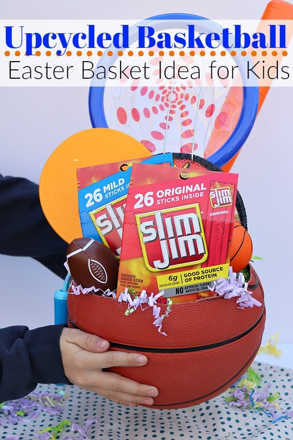 upcycled basketball easter basket held