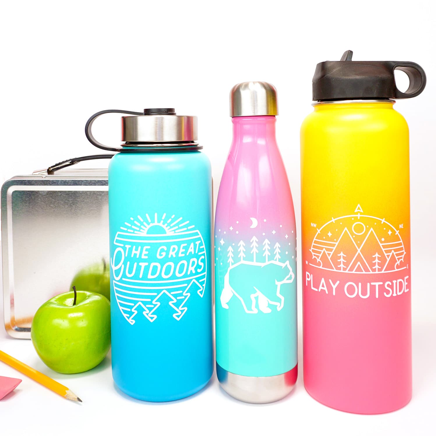 custom water bottles with apple and lunchbox and pencil