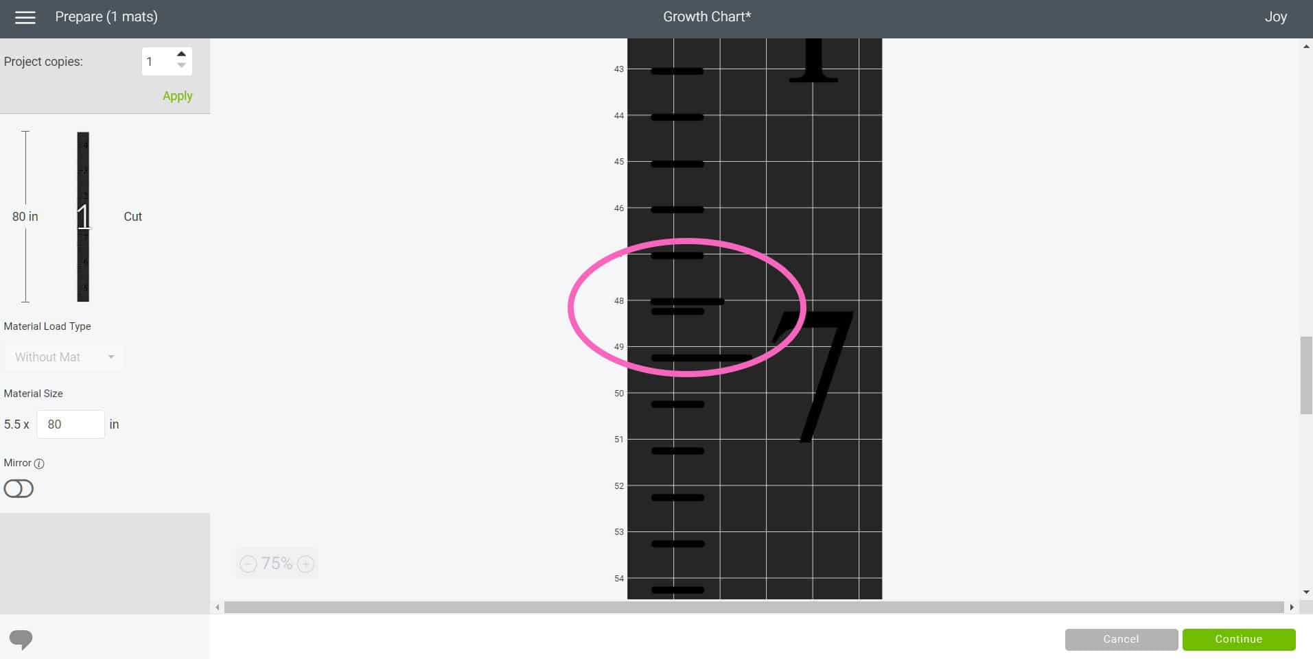 circle showing choose joy svg file too close to edge in cricut design space