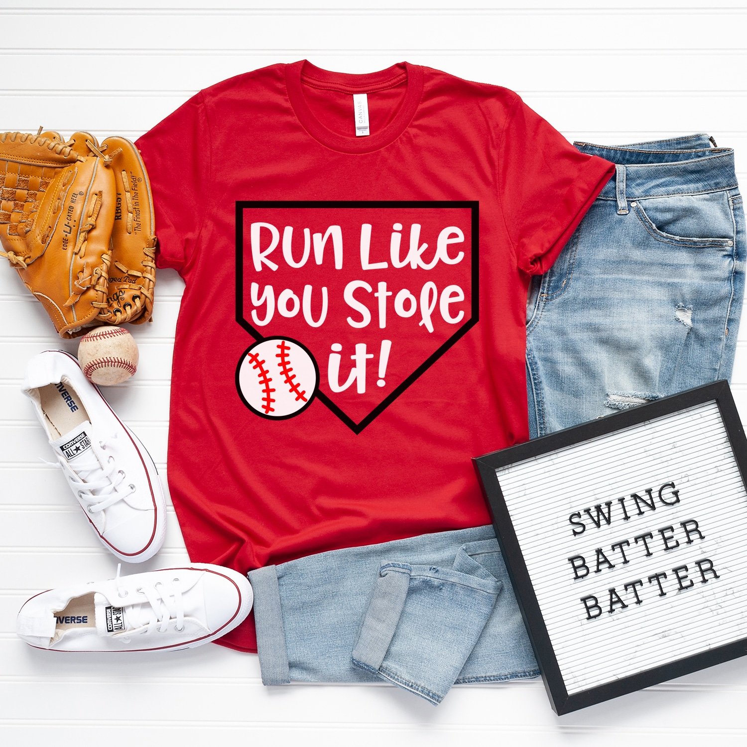 run like you stole it baseball svg file on shirt with accessories