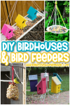 Pink, yellow and blue DIY birdhouses and bird feeders