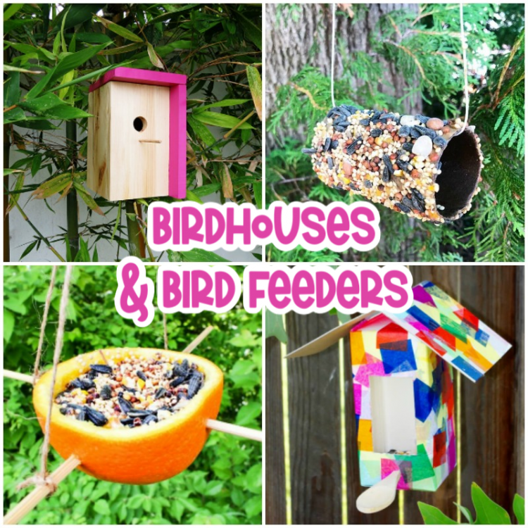 birdhouses and bird feeders collage