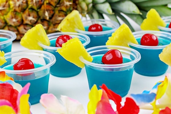 blue hawaiian jello shots with pineapple and cherry