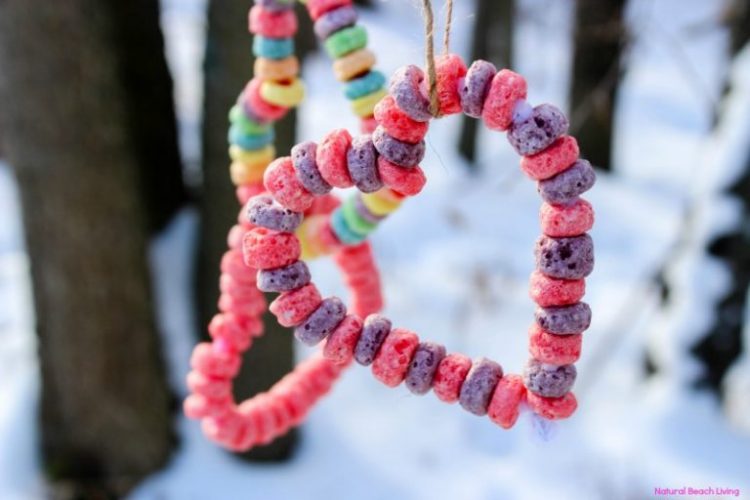 cereal strung on ornament bird feeder