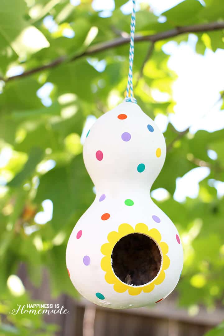 gourd birdhouse painted with colorful dots and sunflower