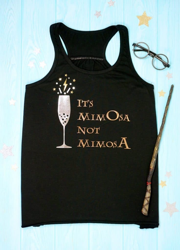 It's Mim-O-sa not Mimosa SVG file on black shirt with a wand