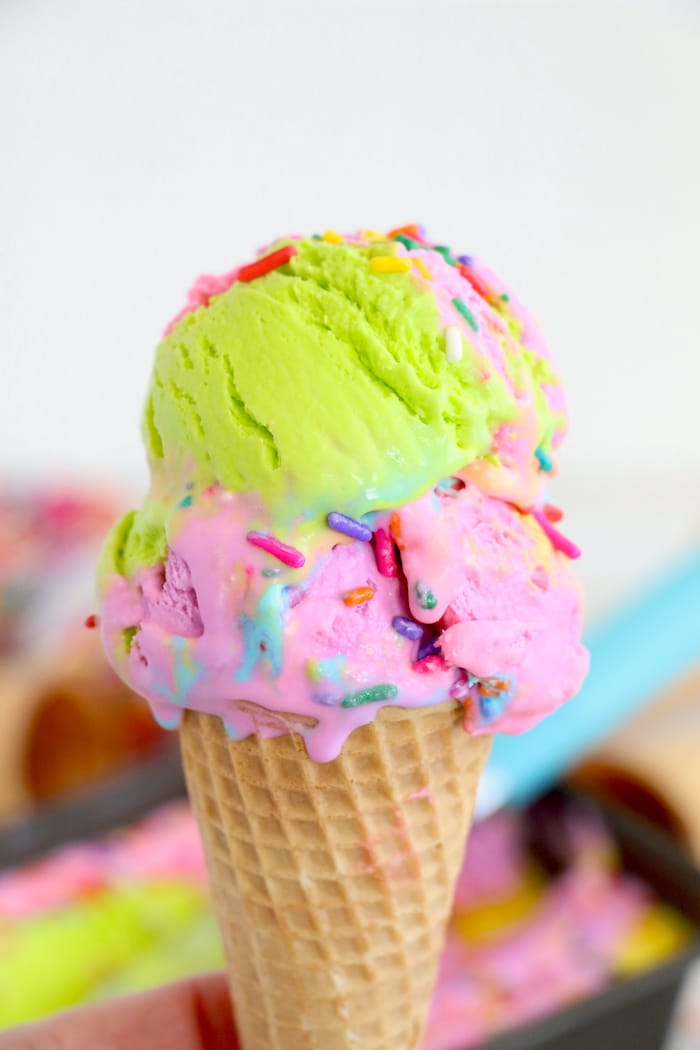 homemade rainbow ice cream in cone