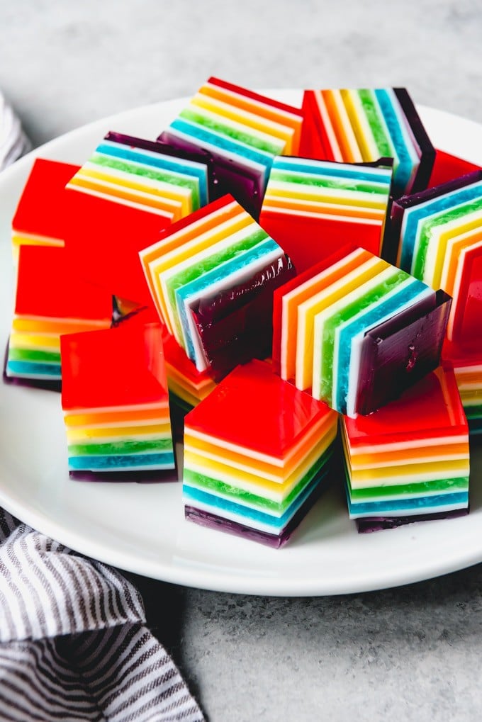 rainbow gelatin cubes on plate