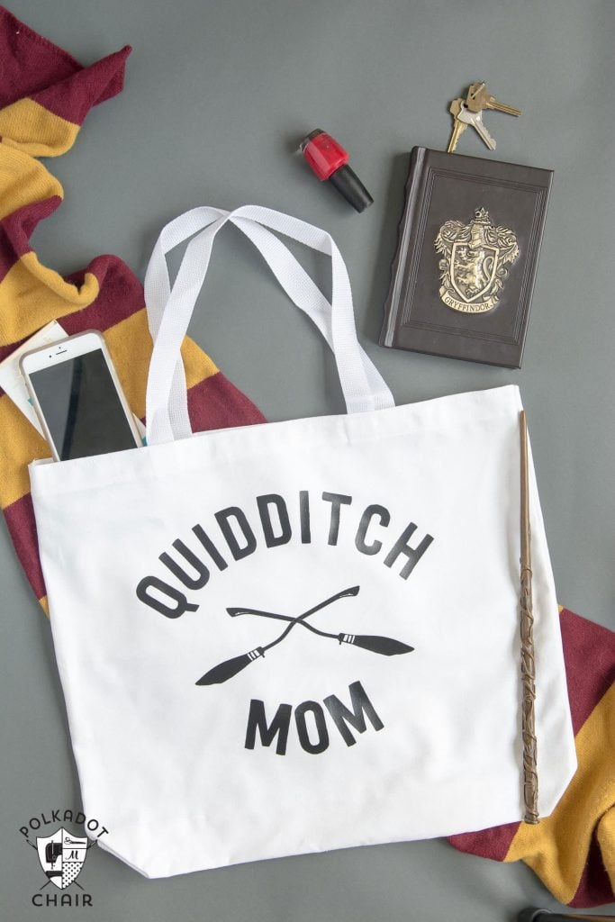 "Quidditch Mom" file printed on a plain white tote bag