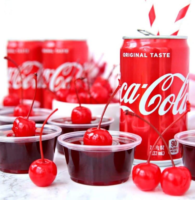 rum and cherry coke jello shots with coca cola cans