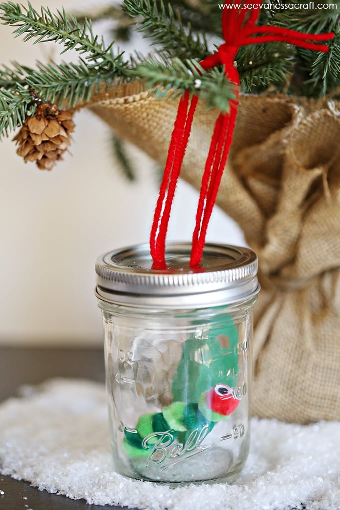 caterpillar christmas ornament on tree