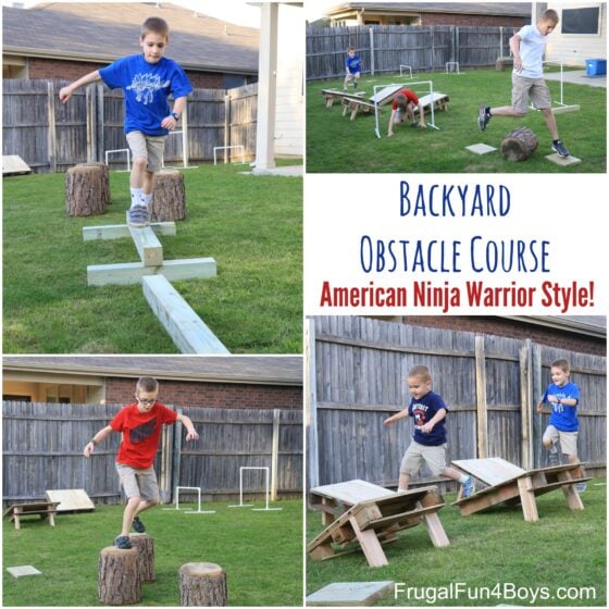 backyard obstacle course with children running the courses