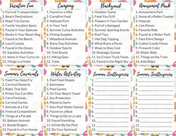 summer scattergories game for kids