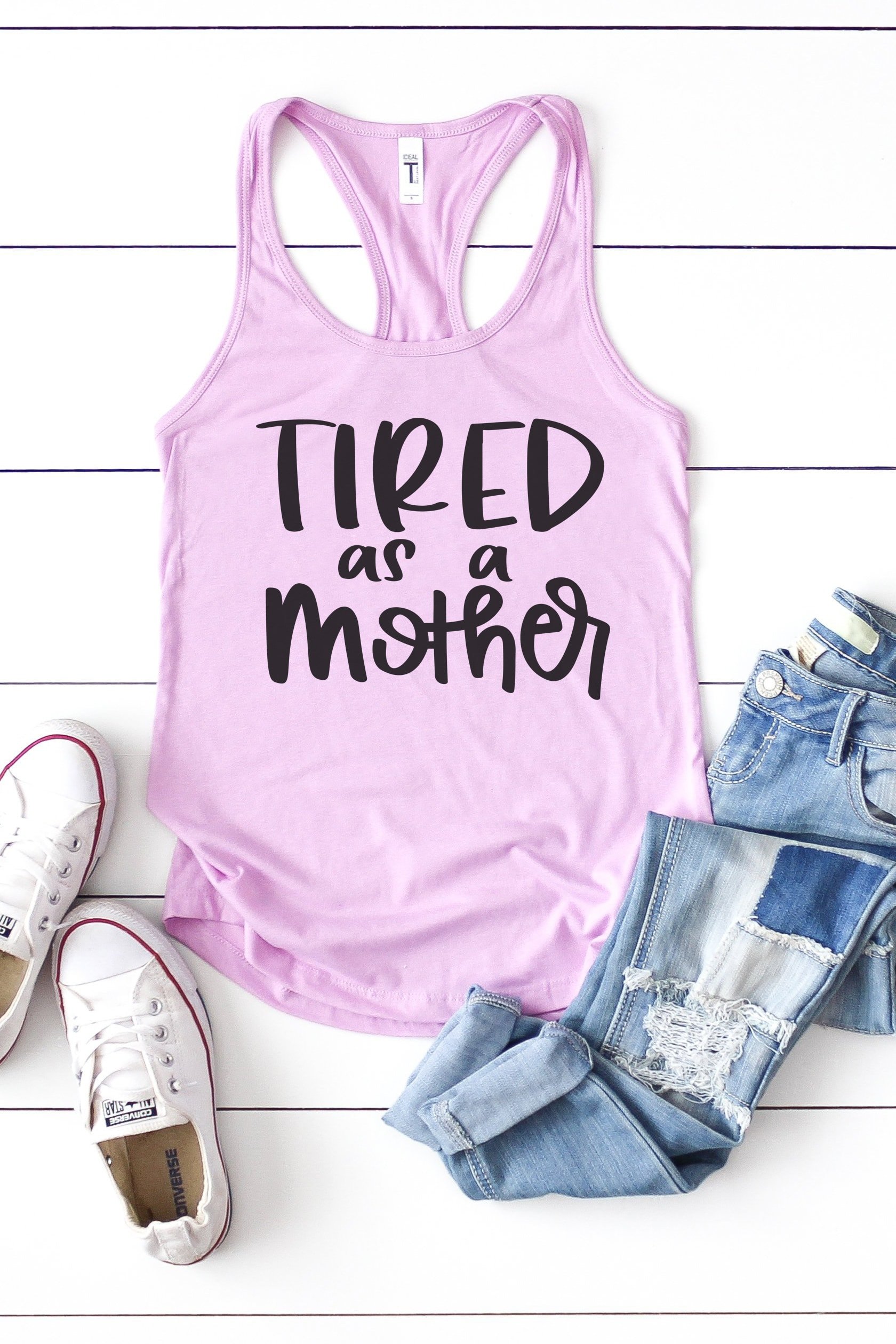 tired as a mother svg file on shirt with accessories
