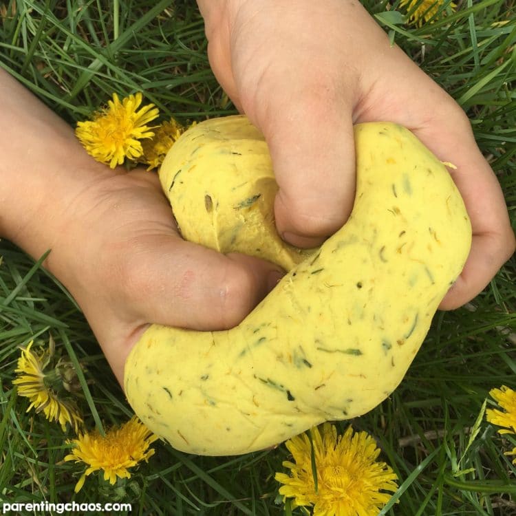 hand squeezing dandelion playdough