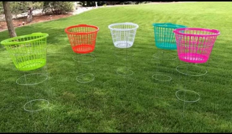 frisbee golf setup with laundry baskets