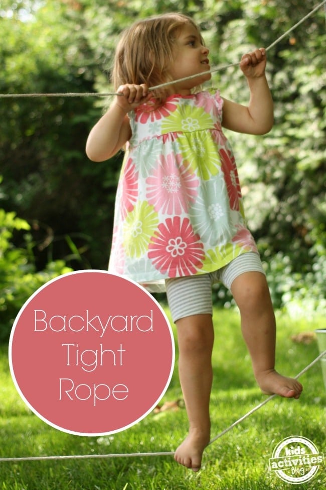 backyard tight rope being played by girl