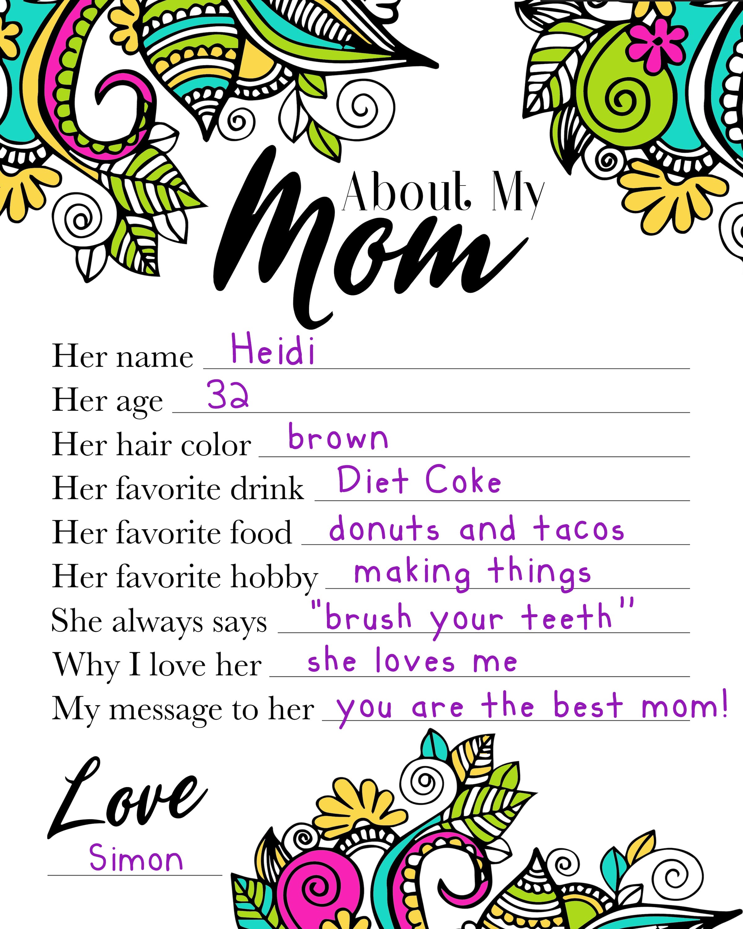 About My Mom Mother's Day printable interview questionnaire