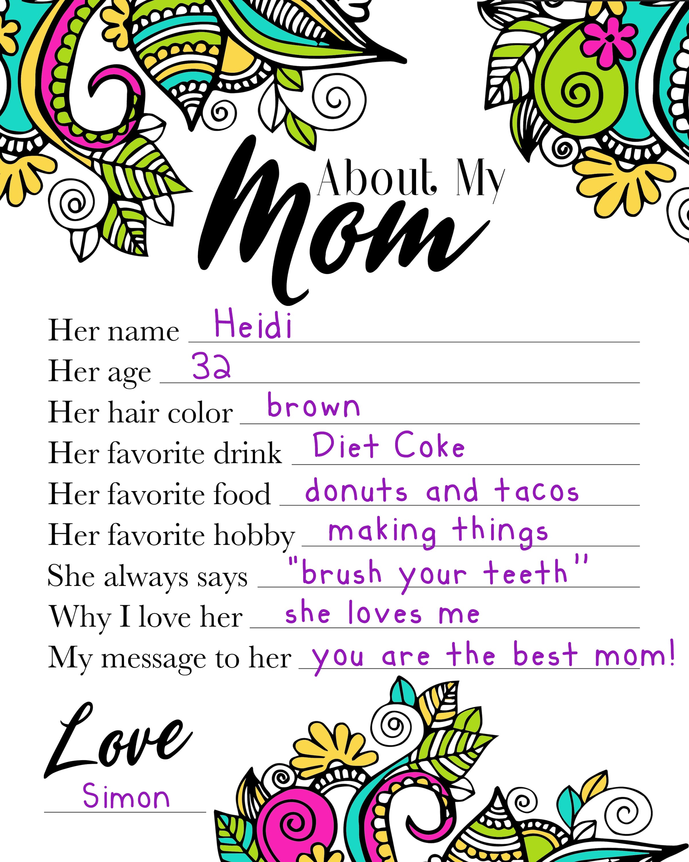 About My Mom Mother's Day printable interview questionnaire 