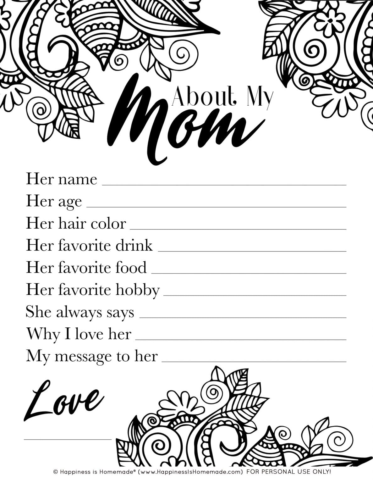 About My Mom Mother's Day Printable Happiness is Homemade