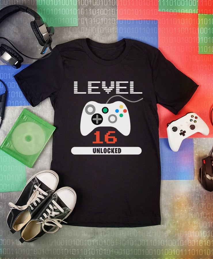 birthday gamer level unlocked svg file on shirt with gaming accessories