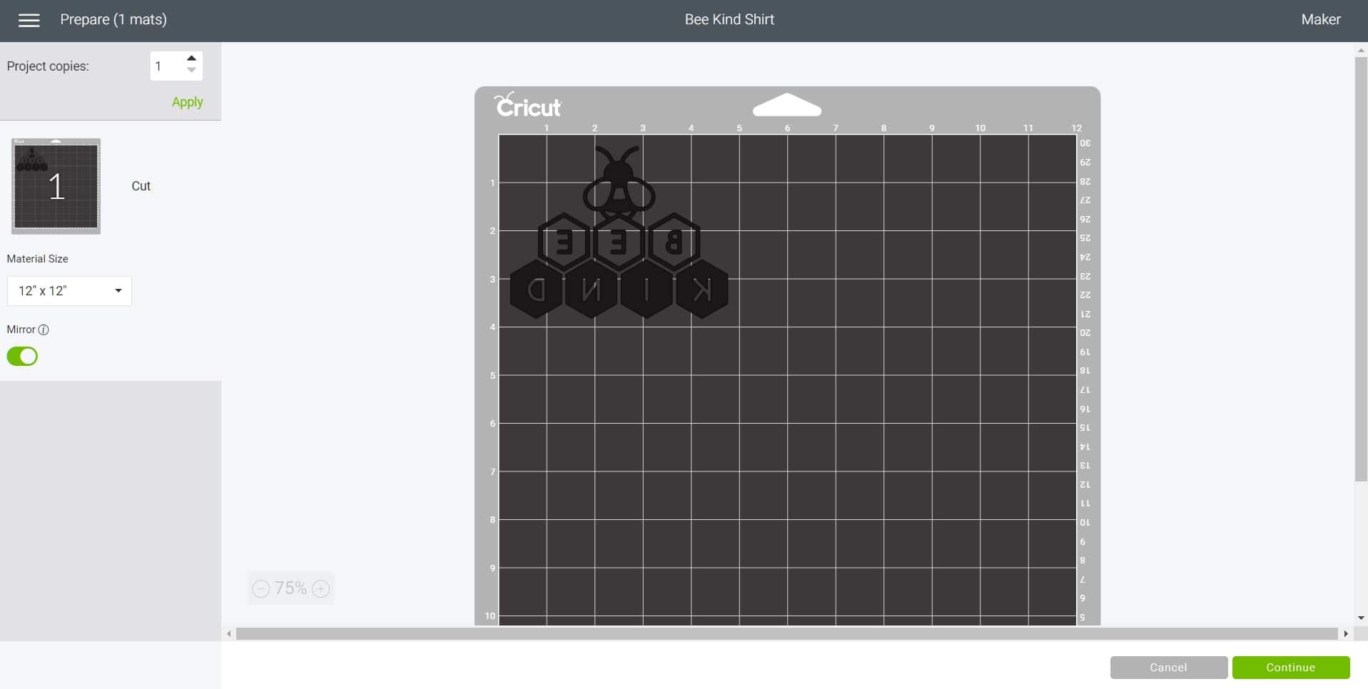 bee kind mirrored in cricut design space being previewed on cricut cutting mat