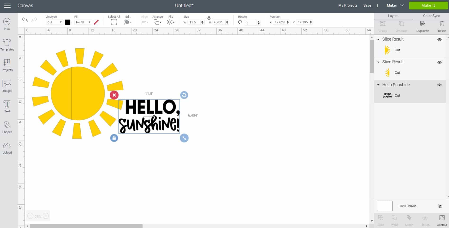 sizing the hello sunshine in cricut design space