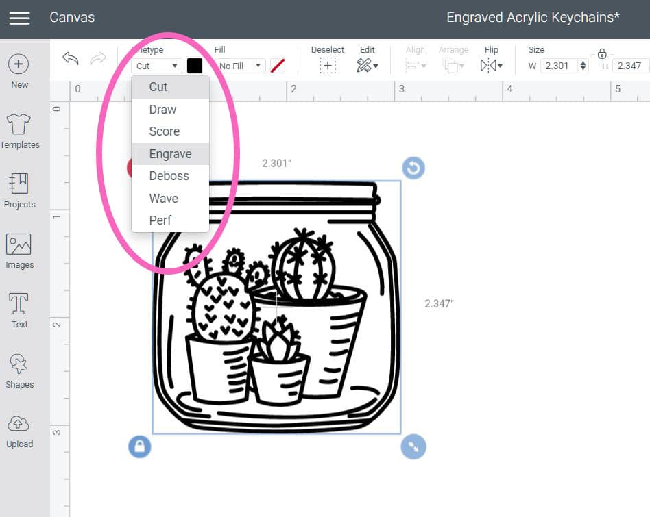 Cricut Design Space screenshot showing how to adjust linetype