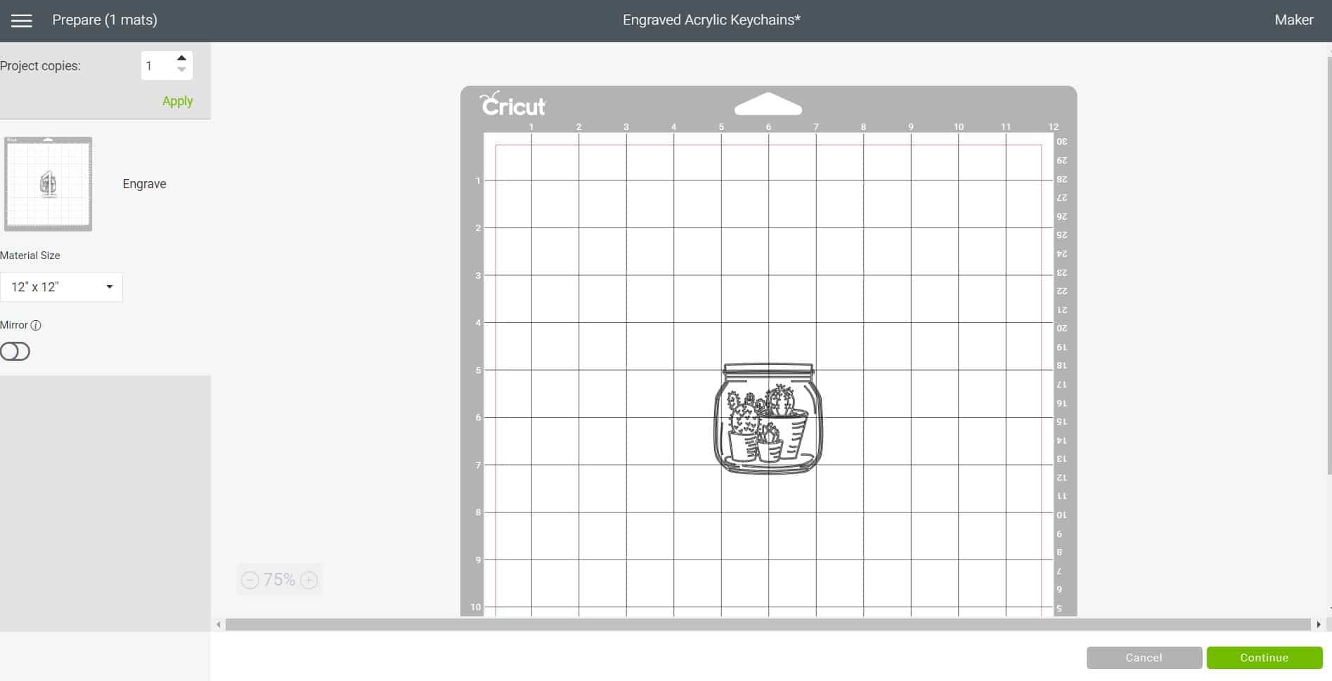 Cricut Design Space screenshot showing image placed in the center of the cutting mat