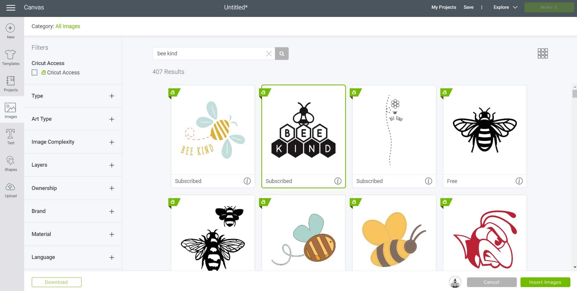 selecting bee kind image in cricut design space